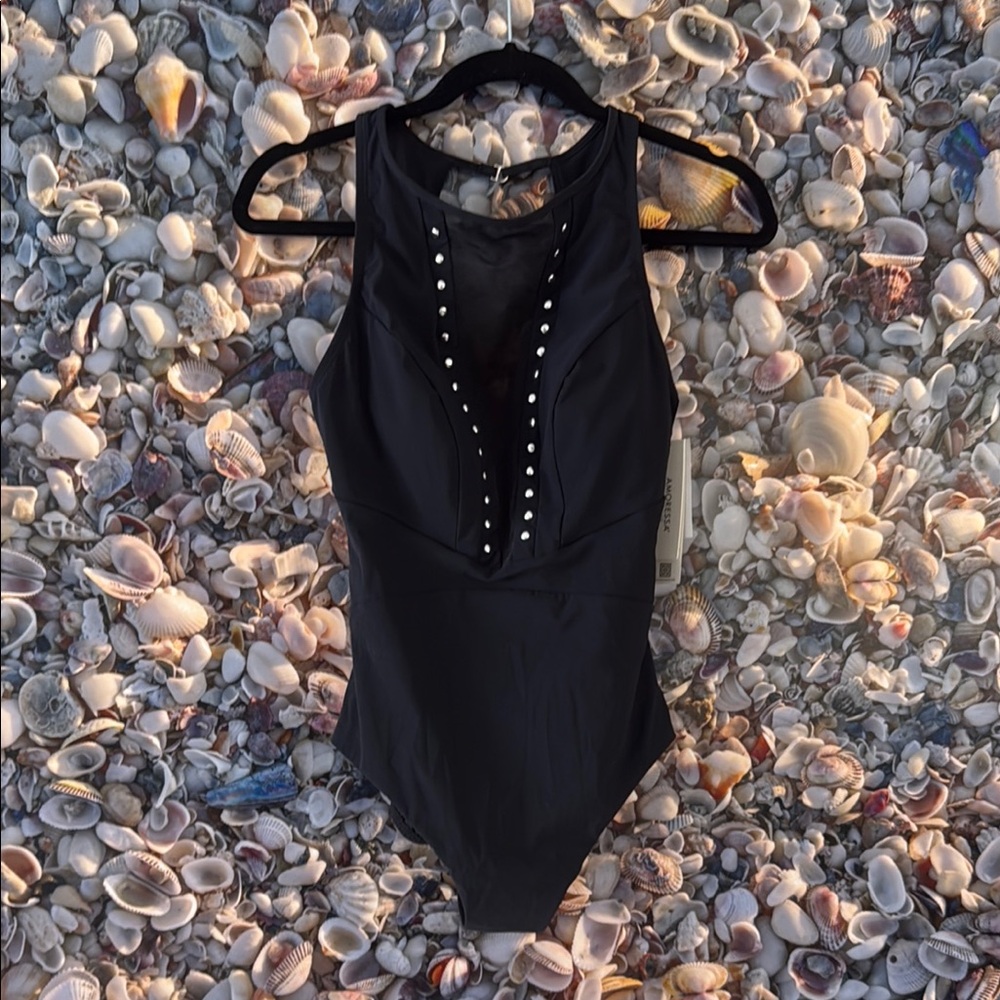 Amoressa Black One Piece Swim Suit/Mesh Insert/Studs.
NWT. Size 10.
